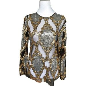 Sequin Lace Mesh Long Sleeve Shirt Top O-Neck